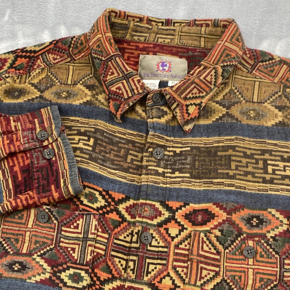 Vintage Territory Ahead Mens XL Aztec Southwestern Woven Cotton Button Up Shirt